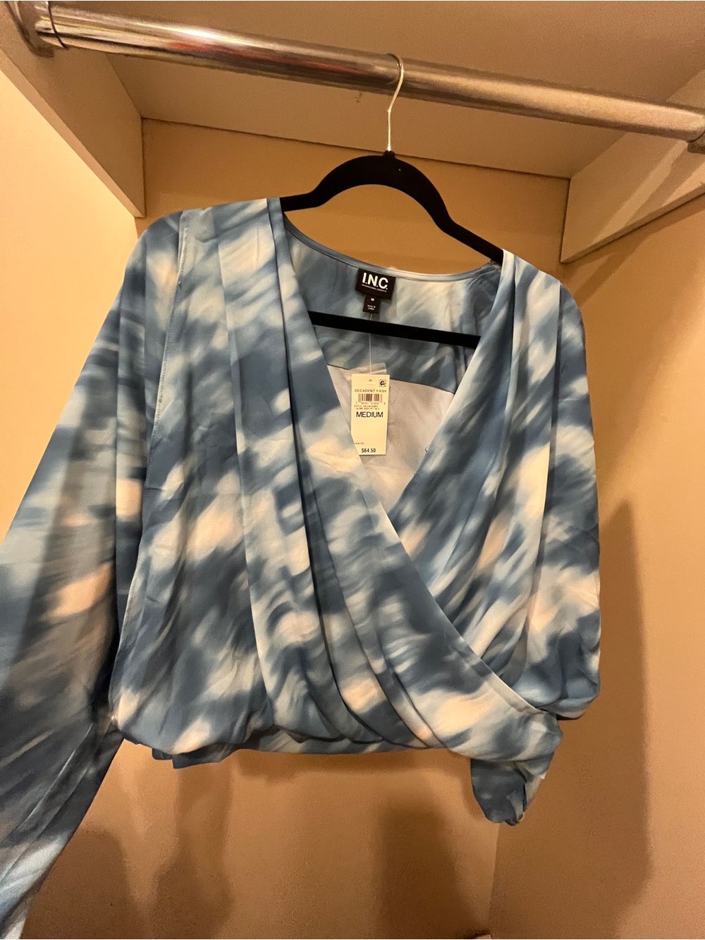 INC International Concepts Blue and White Tie-Dye Wrap Blouse